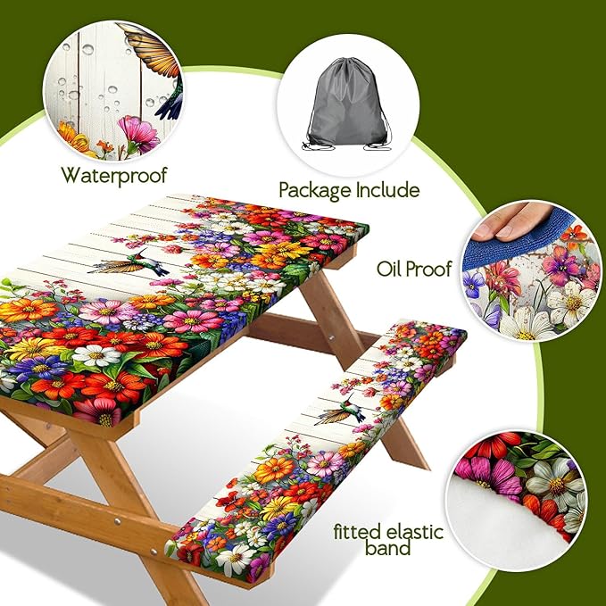 Floral Picnic Table Cover with Bench Covers, Camping Bird Flower Wooden Spring Essentials Waterproof Windproof Camping Tablecloth with Drawstring Bag, Fitted Rectangle Tables and Seats, 60in