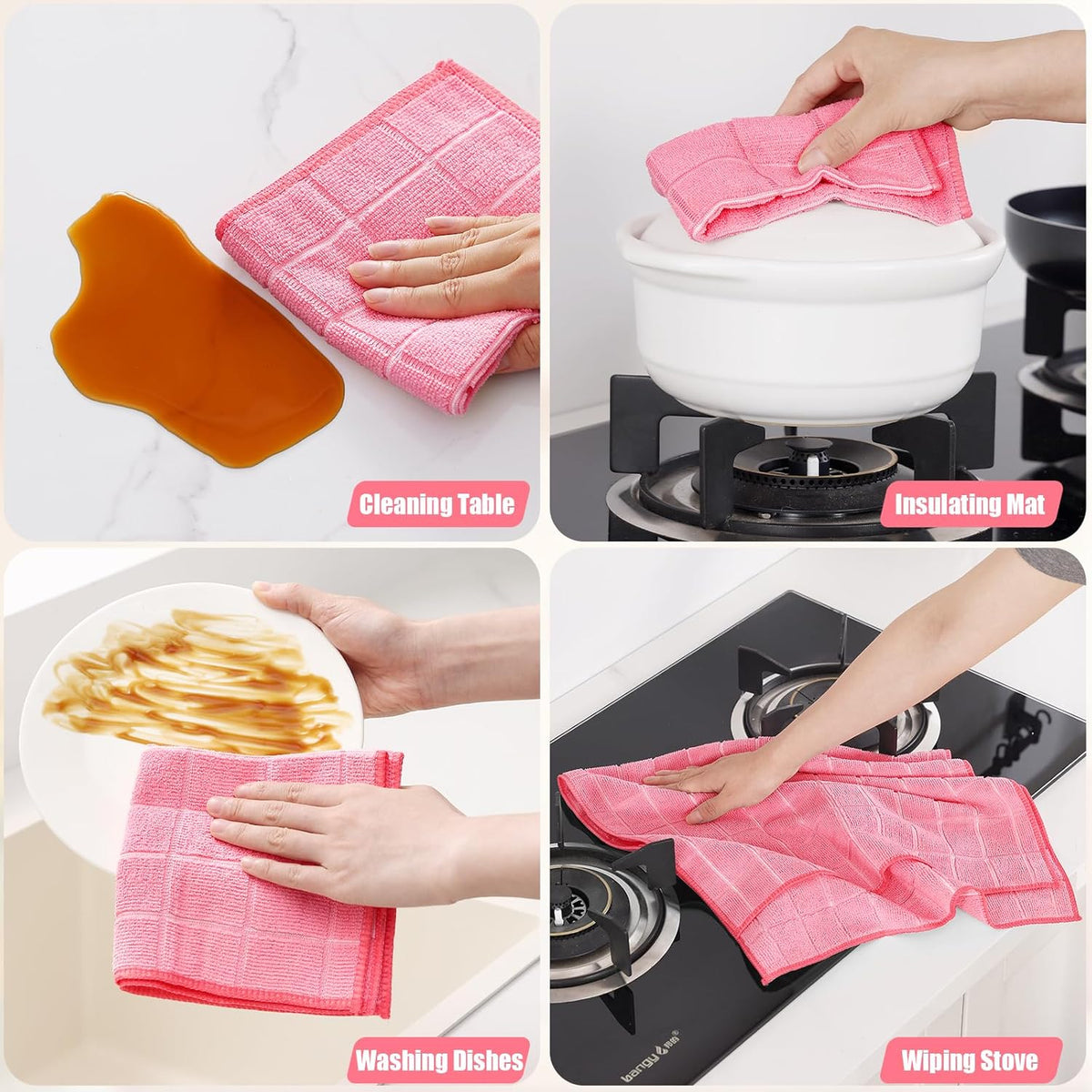 Homaxy Microfiber Kitchen Towels and Dishcloths Set, 12 Pack Soft and Absorbent Dish Hand Towels Bulk, 28 x 16 Inch & 12 x 12 Inch Quick Drying Rags for Washing Dishes, Pink