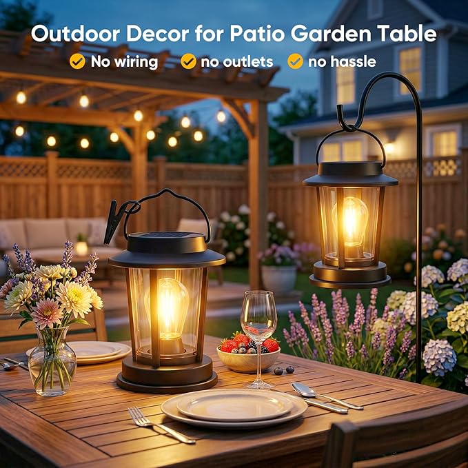 Solar Lanterns Outdoor Waterproof IP65 - 2 Pack Decorative Hanging Solar Lantern for Trees Easy to Install Warm Patio Garden Accent Lights for Outside Tabletop Decor Gardening Gifts for Mom Women