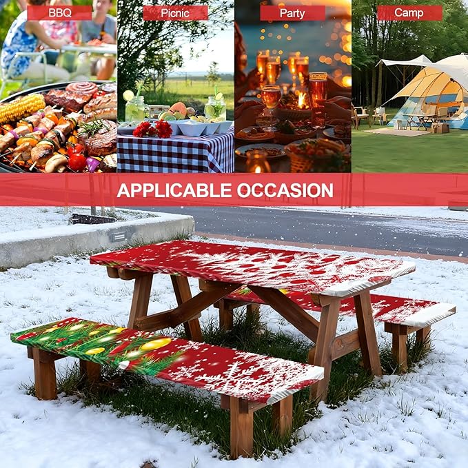 Picnic Table Cover with Bench Covers Set of 3, Elastic Fitted Tablecloth for 6 Foot Tables, Washable Polyester Tablecloths for Camping, Indoor & Outdoor