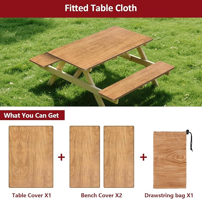 6ft Picnic Table and Bench Cover, Camping Essentials RV Gear, 72 in Waterproof Windproof Outdoor Elastic All Around Tablecloth, Fitted Rectangle Tables and Seats, Wood Grain
