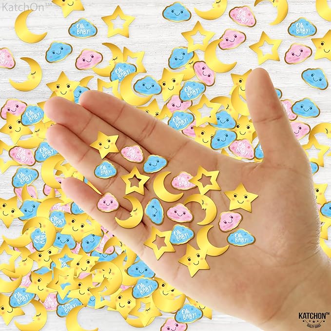 KatchOn, Baby Shower Confetti for Tables - Pack of 240 | Star and Moon Confetti For Gender Reveal Table Decorations | Pink, Blue and Gold confetti For Gender Reveal Party Decorations