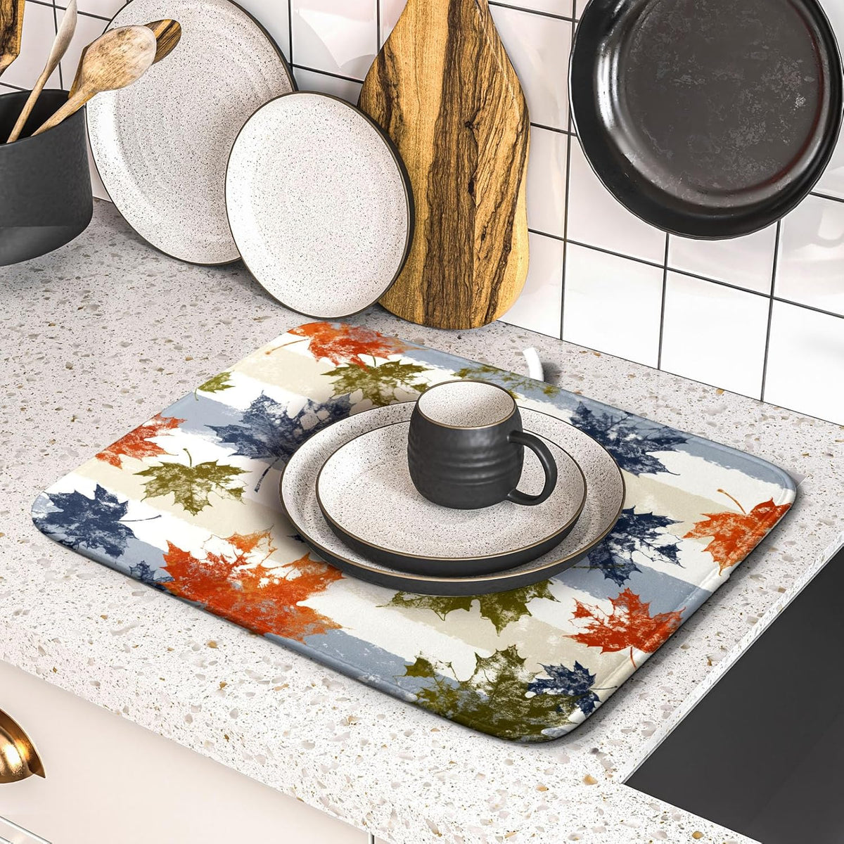 Autumn Colorful Maple Leaves Dish Drying Mat for Kitchen Counter,Blue and White Stripe Drying Mat 16 x 18 Inch with Absorbent Reversible Microfiber