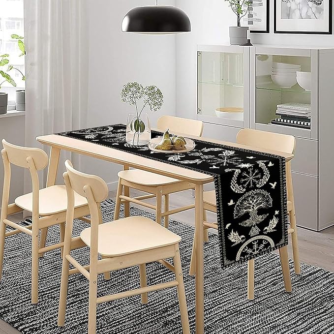 Viking Table Runner, Black Viking Tree of Life Raven Helmet of Awe Table Runner for Kitchen Dining Home Party 13x60in