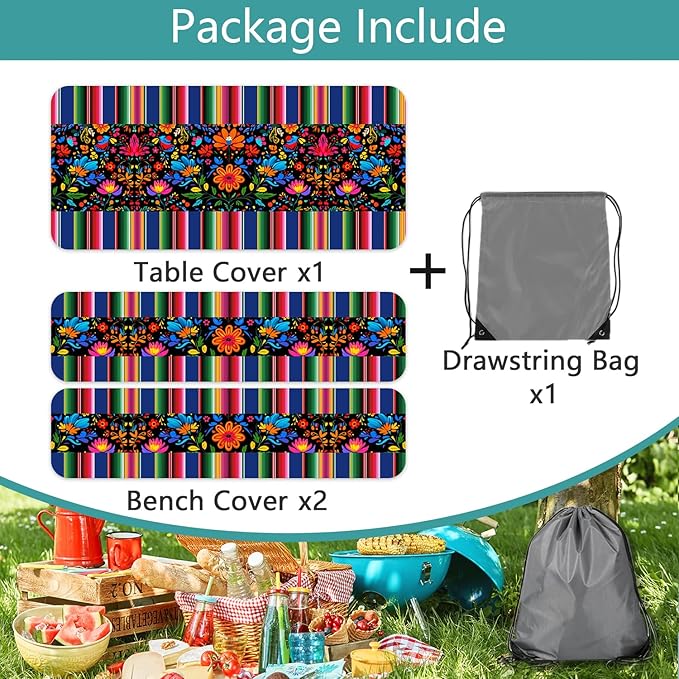 Mexico Picnic Table Cover with Bench Covers and Bag, Camping Essentials, Cinco De Mayo Fiesta Stripes Fitted Table Cover, 6ft Outdoor Tablecloth Waterproof Windproof with Elastic Edge 3 PCS 30x60 Inch