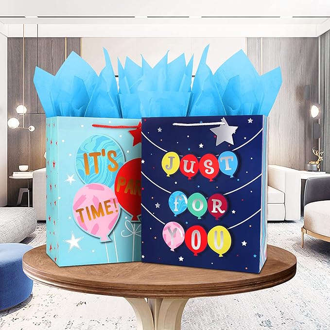 Gift Bags Large Gift Bag Set-Birthday Gift Bag for Boy Teen Kids Men Him-Blue Gift Bags with Tissue Paper-Paper Gift Bags with Handles-Big Gift Bags Birthday Gift Wrap Bag,Party Gift Bags Present Bags（2Pack,12.5Inch）