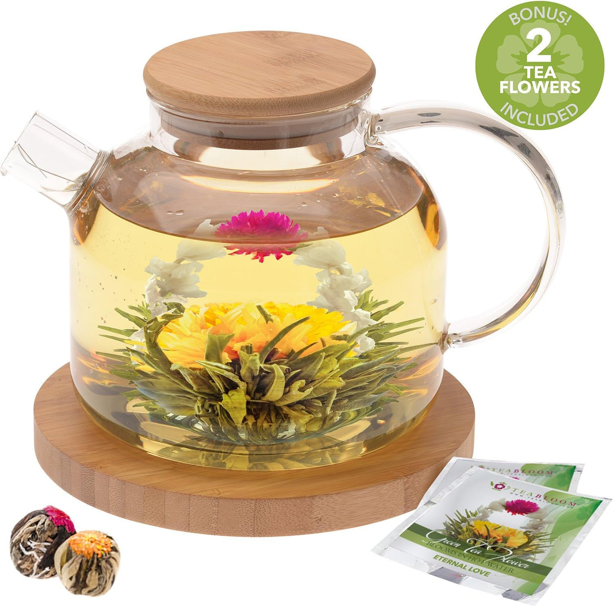 Teabloom Stovetop Safe Glass Teapot with Bamboo Lid (40oz/1200ml) + Loose Leaf Tea Filter Spout + 2 Blooming Teas + Large Bamboo Trivet