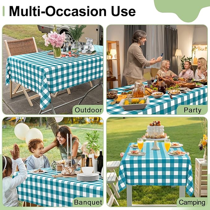 Smiry 3 Pack Turquoise Gingham Disposable Tablecloths - 54" x 108" Heavy Duty Plastic Table Cloth, Waterproof Buffalo Plaid Table Covers for Picnic, Banquets, Outdoor Parties