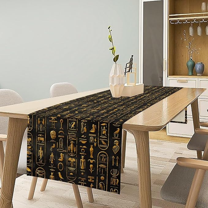 Egyptian Table Runner, Retro Egypt Mythology African Hieroglyphics Alphabet Murals Black Pattern Table Runner for Family Kitchen Coffee Dining Farmhouse Party 13x108in