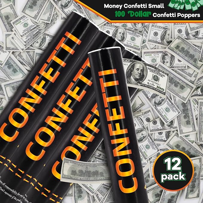 Money Confetti Cannon 12Pack Biodegradable 100 Dollar Bill Money Confetti 12inch Party Poppers for Celebration Opening Activities Birthday Graduation Business Signing