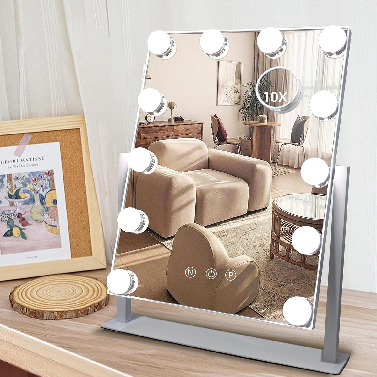 Makeup Vanity Mirror with Lights,10X,White 17.12"x13.77" | Vanity Mirror with Detachable 10X Magnification Mirror, Rechargeable, 3 Color Lights,Touch Control, Rotatable