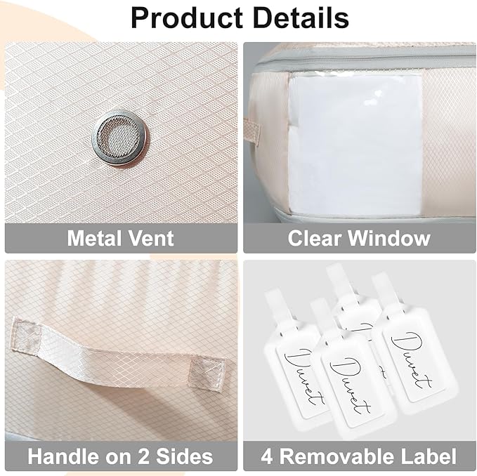 DIMJ Comforter Storage Bag - Large Capacity Ultra Space Saving Self Compression Organize for Duvet, Pillow, Bedding, Blanket Storage Organizer Nylon Compression Bags, Sheet Storage, Beige, 4 Pack
