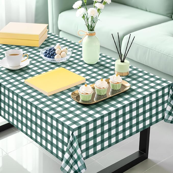 1 Pack Sage Green Striped Gingham Tablecloths, 54 x 108 Inch Disposable Plastic Rectangle Table Covers, Waterproof Checkered Sage Green Table Cloths for Picnic, Birthday, Party, Outdoor Events