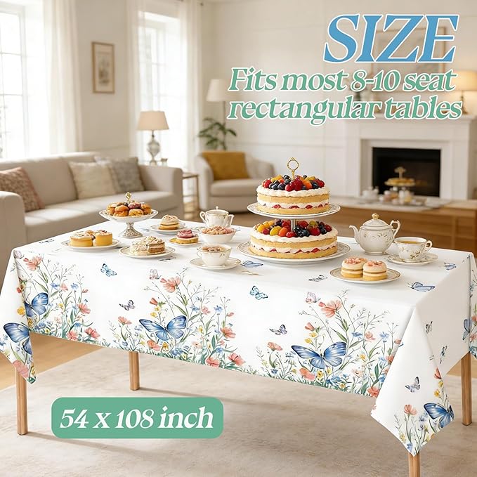 2 Pack Spring Floral Tablecloth Party Decorations, 54 x 108 Inch Disposable Wildflower Butterfly Plastic Table Cover Wildflower Table Cloth for Birthday, Wedding, Tea Party Decor