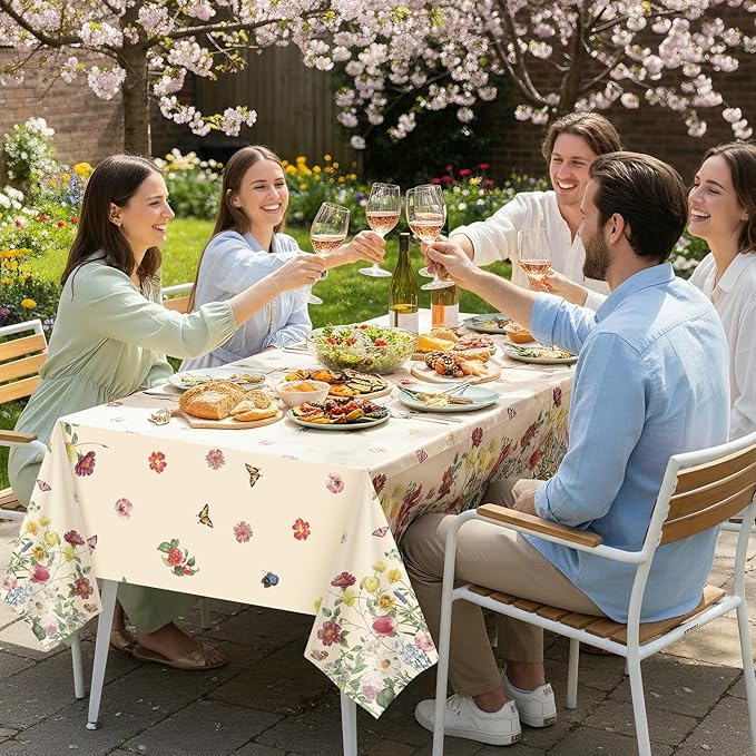 3 Pack Spring Floral Plastic Tablecloths, 54×108Inch Tea Party Tablecloth Rectangle Vintage Table Cloth Butterfly Wildflower Porcelain Table Decor for Garden Wedding Birthday Baby Bridal Shower