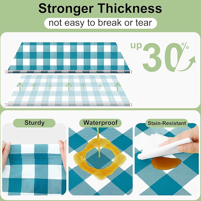 Smiry 3 Pack Turquoise Gingham Disposable Tablecloths - 54" x 108" Heavy Duty Plastic Table Cloth, Waterproof Buffalo Plaid Table Covers for Picnic, Banquets, Outdoor Parties
