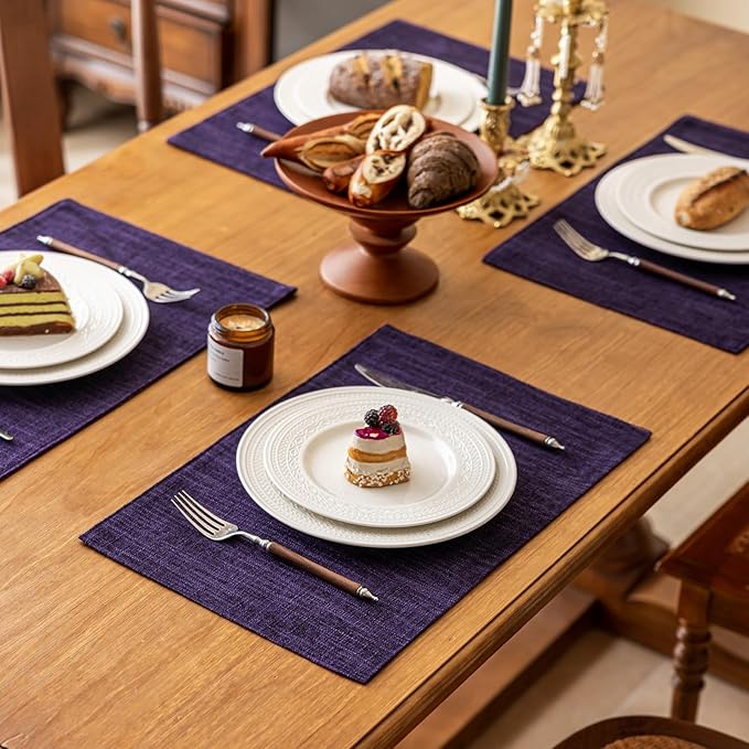 KXN Placemats Set of 6, Dual-Layer Thickened Faux Linen Table Mats, Heat Resistant & Wrinkle-Free, Machine Washable Cloth Place Mats for Kitchen Dining Indoor Outdoor (Purple)