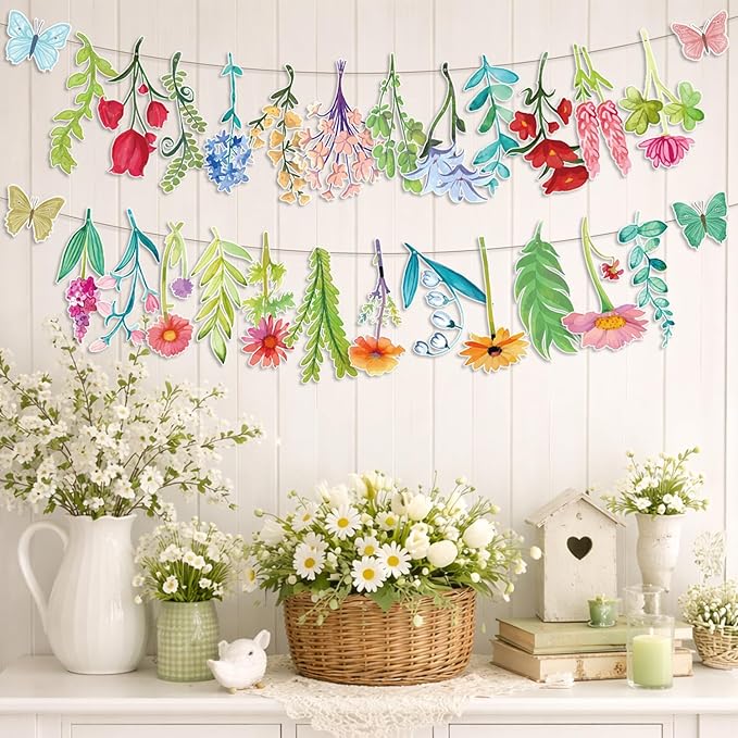 Wildflower Butterfly Party Garland Wedding Party Banner Decorations for Spring Garden Tea Party Birthday Wedding Bridal Baby Shower Supplies