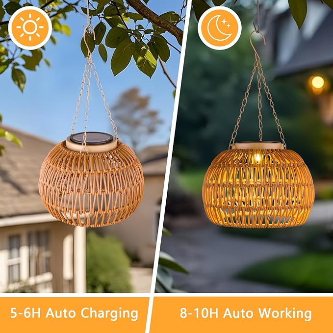Hanging Solar Outdoor Lanterns Waterproof, Rattan Lights Hanging for Outside, Chandelier Solar Outdoor Idea for Gazebo Pergola Porch Patio Yard Garden Pathway Decor, 2 Pack