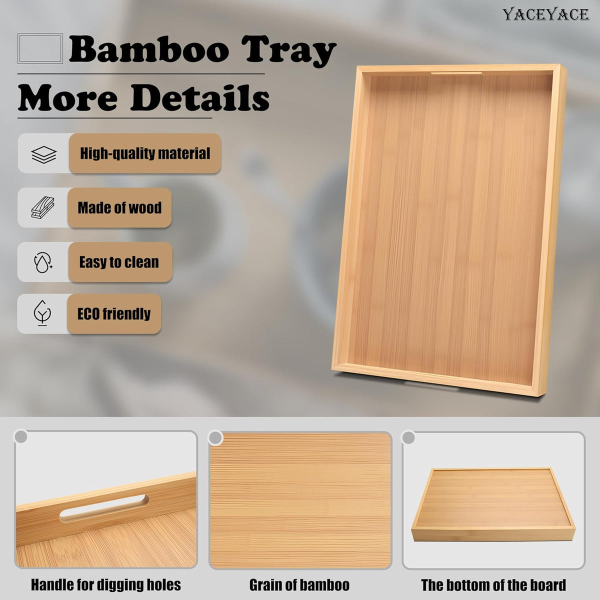 Serving Tray Decor, 15"x10"x1.5" Medium Bamboo Serving Tray for Bed, Home Decor, Food Tray for Coffee Table, Dining, Bar, Ottoman, Breakfast