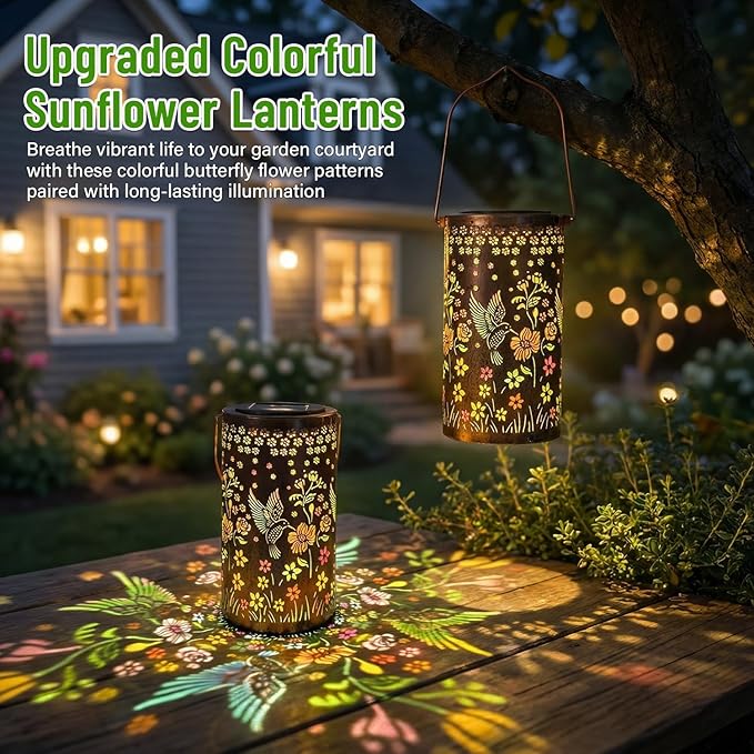 2 Pack Colorful Hummingbird Solar Lanterns Outdoor Waterproof, Decorative Metal Hanging Lantern Hummingbird Solar Lantern for Porch Yard Tabletop Path Garden Decor, Ideal Gifts for Mom Wife Grandma