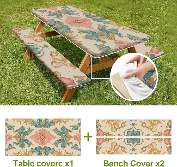 Vintage Floral Picnic Table Cover with Bench Covers Set of 3-European Symmetrical Flowers Pattern,Elastic Fitted Tablecloth for 6 Ft Tables, Washable Polyester Cover for Camping, Indoor & Outdoor