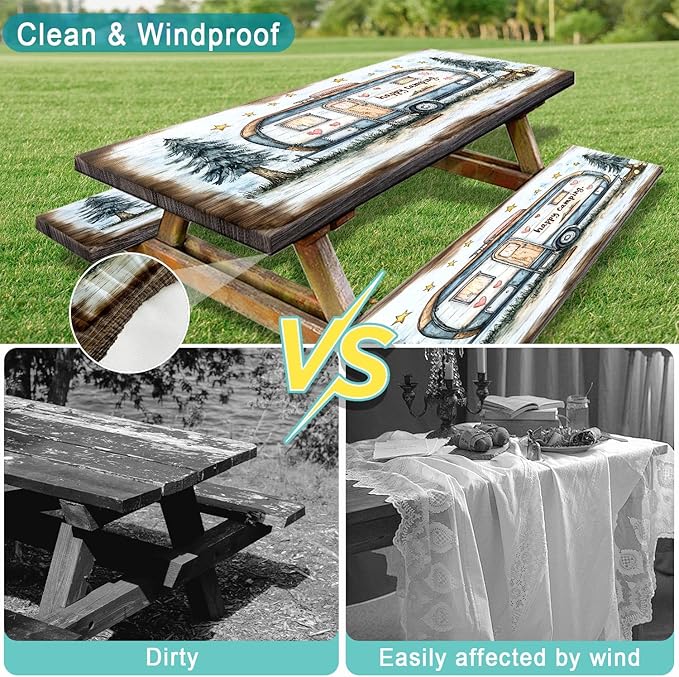 Picnic Table Cover with Bench Covers and Bag, Camping Essentials, Camper Forest Wooden Grain Outdoor Table Covers, Waterproof Windproof, Fitted Tablecloth Cover with Elastic Edge, 3 PCS, 30x96 Inch