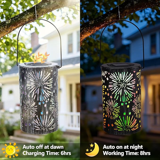 Brizled Solar Lantern Outdoor, July 4th Firework Lanterns Colorful, Waterproof LED Solar Tabletop Lamp, 2 Pack Hanging Solar Garden Lanterns, Metal Garden Pathway Lighting for Patio Path Porch Balcony