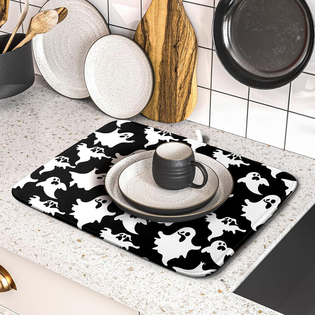 Halloween Bat Ghosts Dish Drying Mat for Kitchen Counter,Halloween Spooky Ghost Black and White Drying Mat 16 x 18 Inch Microfiber Dish Drying Pad