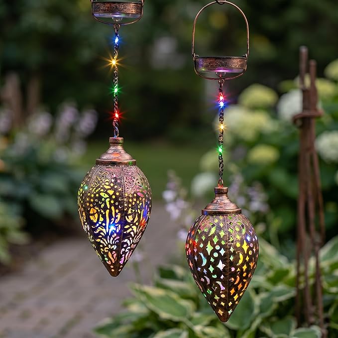2 Pack Hanging Solar Lanterns, Colorful LED Outdoor Lights, Retro Metal Waterproof Lanterns for Garden Patio Yard Decor