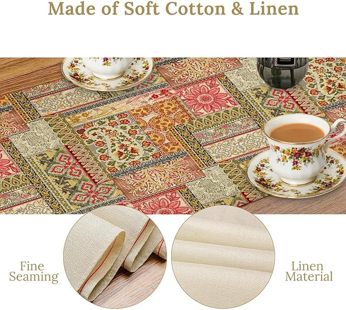 Colorful Patchwork Table Runner, Boho Floral Vintage Wildflower Rustic Paisley Design Table Runner for Dining Coffee Party Holiday Farmhouse 13x36in