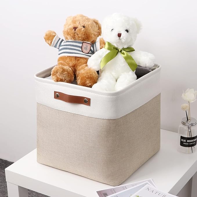 Temary Cube Storage Bins 13x13 Fabric Storage Cubes Baskets Set Of 4 Cloth Baskets for Shelf, Large Bin Empty Basket for Organizing, Shelf Basket (White&Khaki)