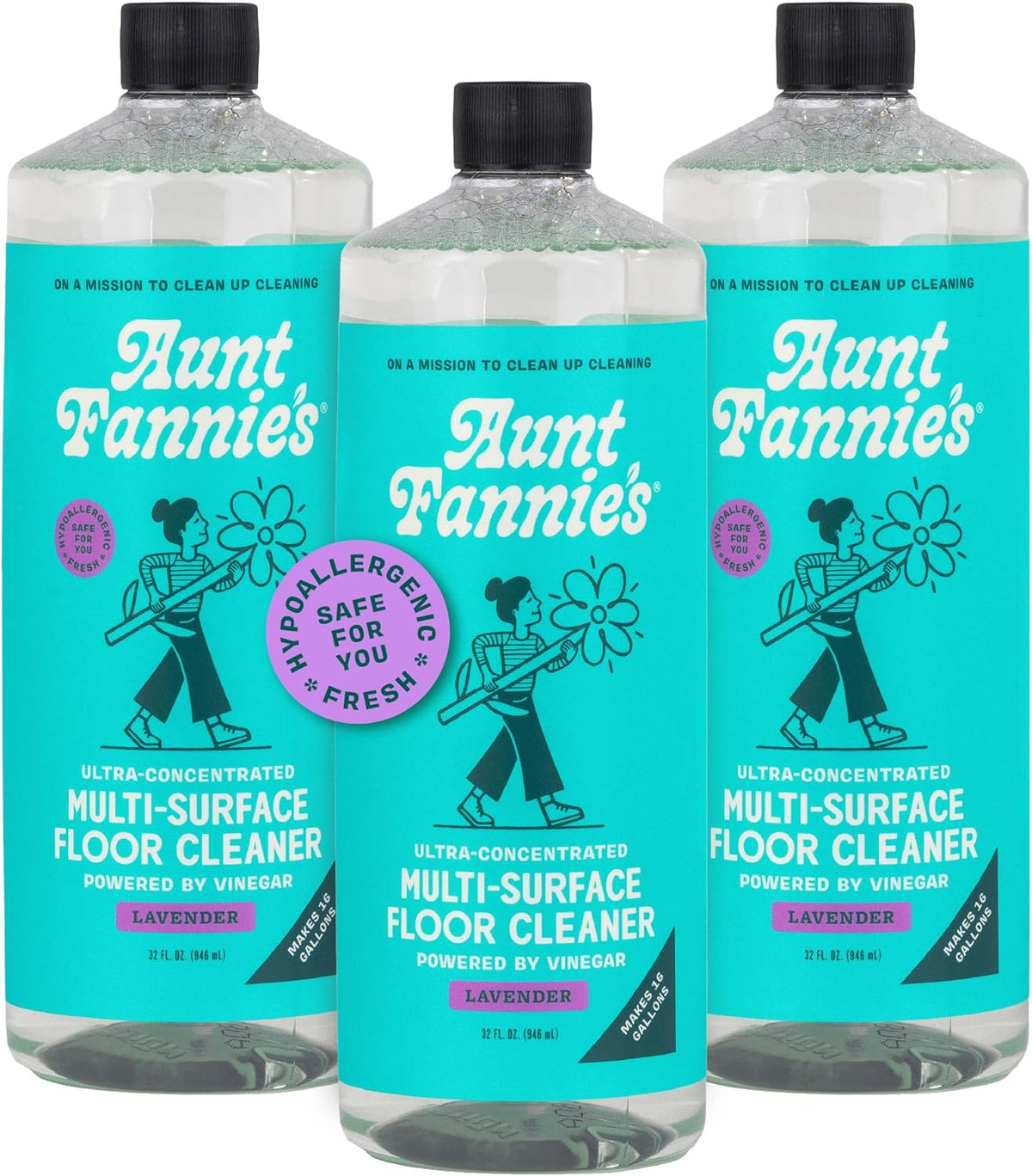 Aunt Fannie's Ultra Concentrated Floor Cleaner Vinegar Wash, Multi-Surface Solution For Mopping, Makes 16 Gallons, Lavender Scent, 32 oz. (Pack of 3)