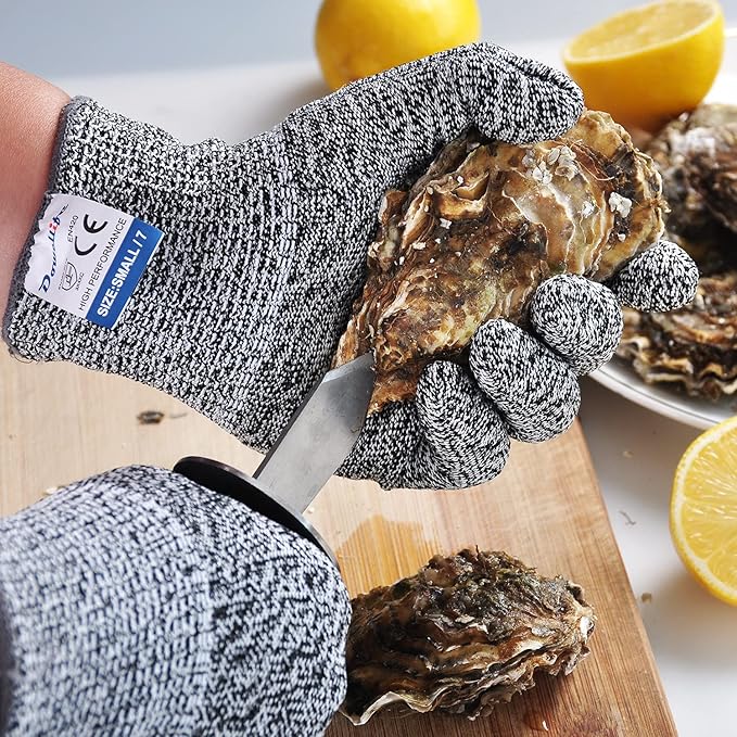 Dowellife 3 Pairs Cut Resistant Gloves Food Grade Level 5 Protection, Safety Kitchen Cuts Gloves for Mandolin Slicing, Fish Fillet, Oyster Shucking, Meat Cutting and Wood Carving (Black Gray, X-Large)