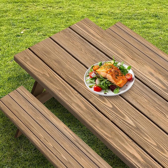 Sunflower Wooden Picnic Table Cover with Bench Covers, Rustic Summer Floral Farmhouse Outdoor Camping Essentials 6FT 3PCS Fitted Rectangle RV Must Haves Tablecloth with Drawstring Bag