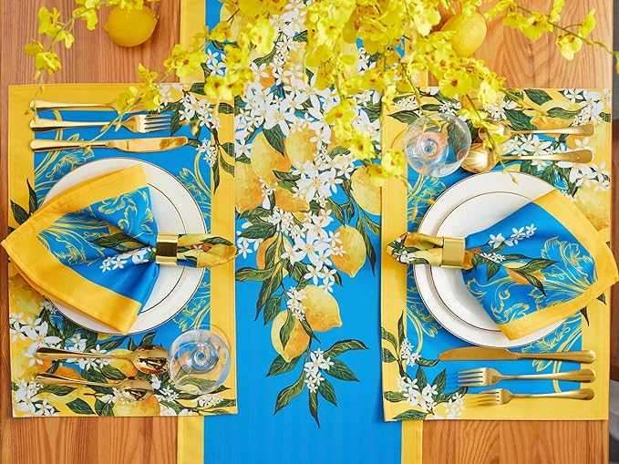 YiHomer Provence Blue Lemon Mediterranean Tile Tabletop for Spring Summer Decorations, Picnics and Dinner Parties - Indoor Outdoor, Stain and Water Resistant, Napkin Set, 20 x 20