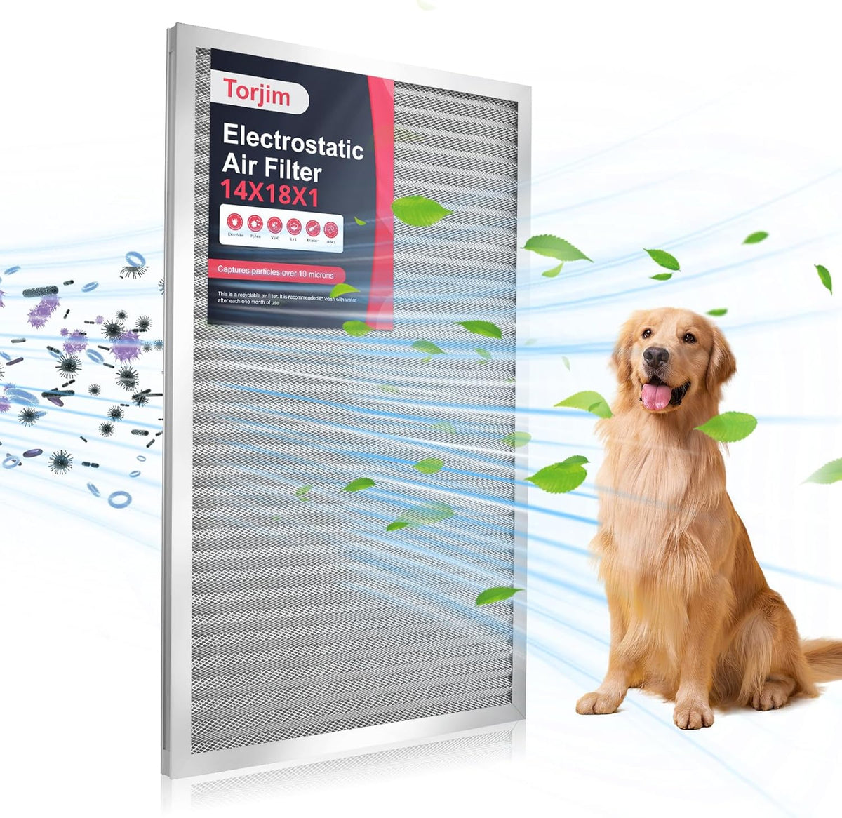 Torjim 14x18x1 MERV8 Washable Reusable Electrostatic Air Filter, AC/HVAC Furnace Filter, Permanent Air Filter, Breathe Fresher, Easy Install