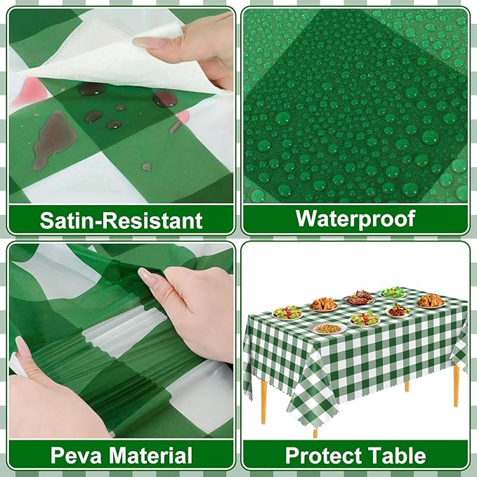 NatNarr 3 Pack Green Gingham Tablecloths, 54 X 108Inch Disposable Scalloped Green and White Checkered Table Cloth, Waterproof Table Cover for Party Picnic Birthday Barbecue Camping Wedding