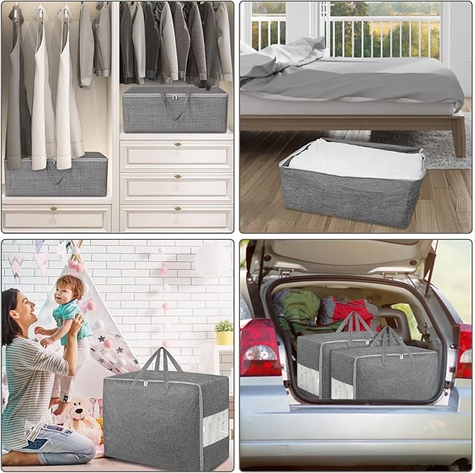 105L Extra Large Storage Bags, Folding Moving Comforter Blanket Storage Bags Closet Organizers and Storage Containers for Clothes with Strong Handles&Zippers Clear Window for Bedding Pillow Grey 4Pack