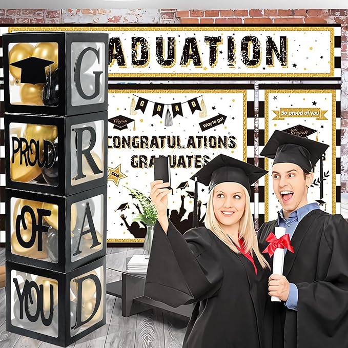 Graduation Decorations 2026,4 Pcs Transparent Balloon Boxes with Letters of GRAD,PROUD OF YOU,Class of 2026 and 130pcs Black and Gold Balloons Arch Kit for High School College 2026 Grad Party Supplies