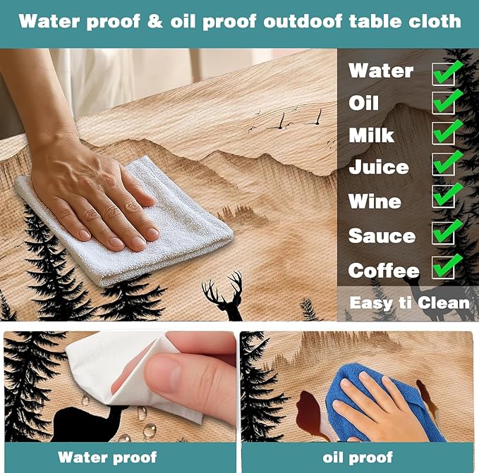 Picnic Table Cover with Bench Covers Camping Essentials Rustic Hunting Deer Forest Waterproof Windproof Camping Tablecloth Fitted Tablecloth Cover with Elastic Edge for Indoor Outdoor 3 PCS 30x60 Inch