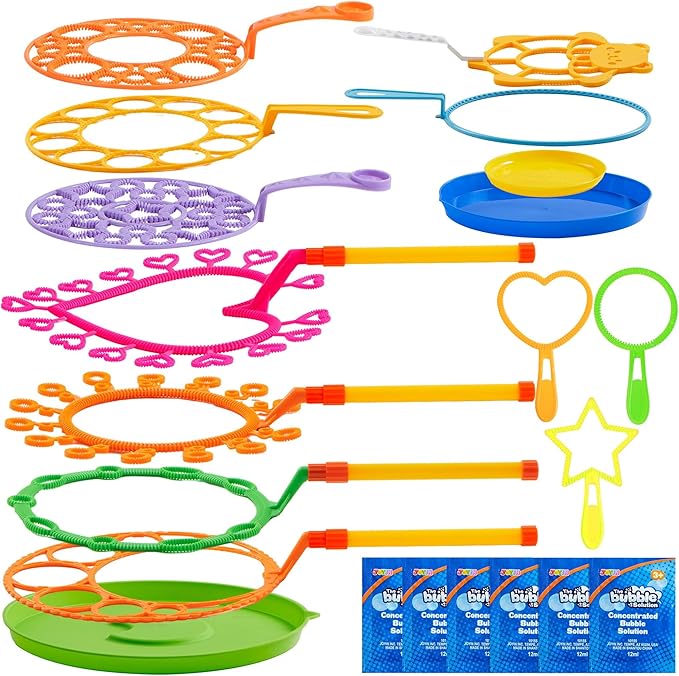 JOYIN Big Bubble Wands Set with with Tray, 21" Giant Bubble Wands Bulk for Kids, Summer, Outdoor Play Period & Birthday Party & Games, 6 Pcs Solution Suitable, Suitable for All Age People