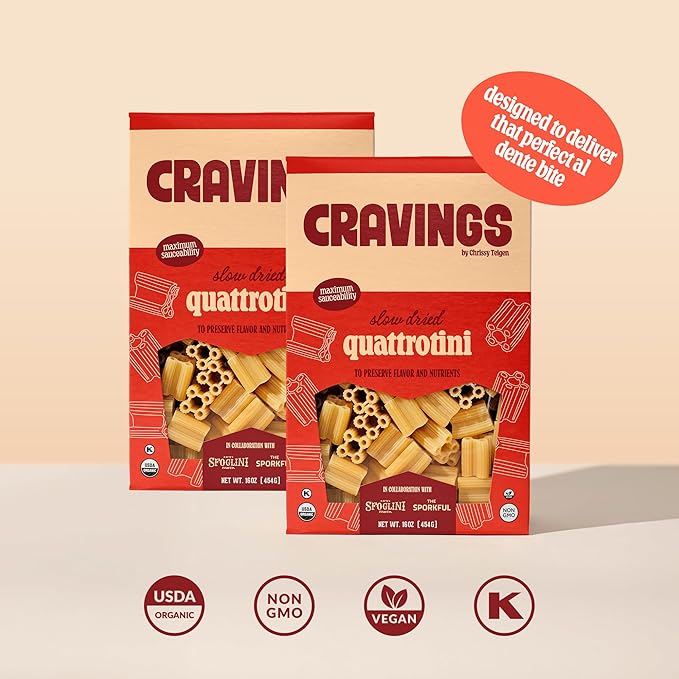 Cravings x Sfoglini Quattrotini Pasta 2 Pack, Organic Durum Semolina Pasta Noodles, Bronze-Die Cut Italian-Inspired Shape, 16oz each