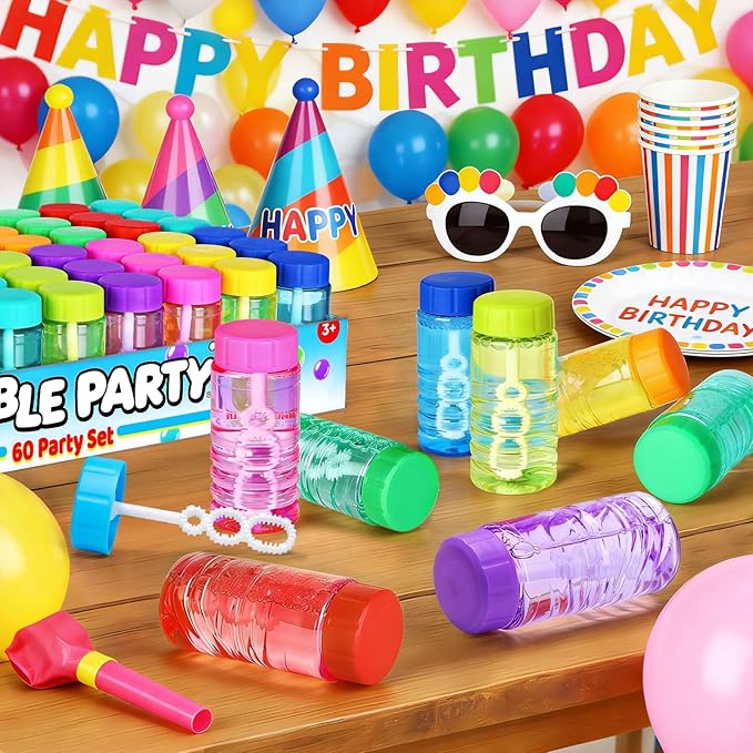 Bulk Neon Bubble Solution Bottles - Lid-Attached Wands, Party Favor Set in Display Box, 60 Pcs | Birthday Decor, Goody Bag Stuffers Supplies, Pinata Fillers, Carnival & Summer Outdoor Toy Gift for Kid