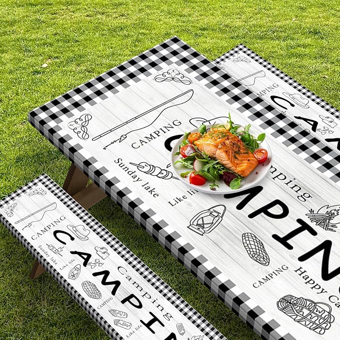 Picnic Table Cover with Bench Covers Elastic Edges, Farm Plaid Fitted Table Cover, Outdoor Patio Camping Essentials 72 Inch 3PCS, Waterproof Camping Fitted Tablecloth with Drawstring Bag
