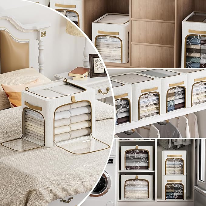 CYhom Clothes Storage Bins with Metal Frame,3 See-Through Windows Openings Clothing Storage Bin,3 Pack Foldable Storage Bins Boxes for Closet (White, 43L-16.5 x 12.6 x 12.6IN)