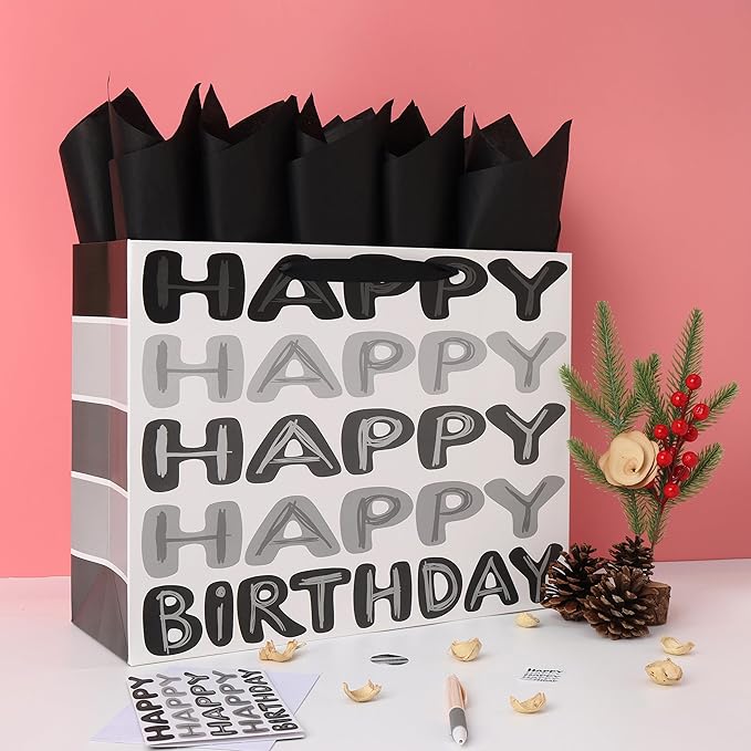 Qirrmiy 16.5" Extra Large Black Happy Birthday Gift Bag Set with Handles, Greeting Card, Tissue Papers and Stickers for Men Boys Kids Teens, Words Design, 1 Pcs