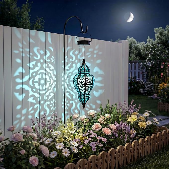 Moroccan Hanging Solar Lights Outdoor Lantern Bidirectional Availabili Garden Decor Waterproof Plastic Blue Decorations for Patio Pathway Yard Backyard Solar Powered Garden Decorative (Black, 2)