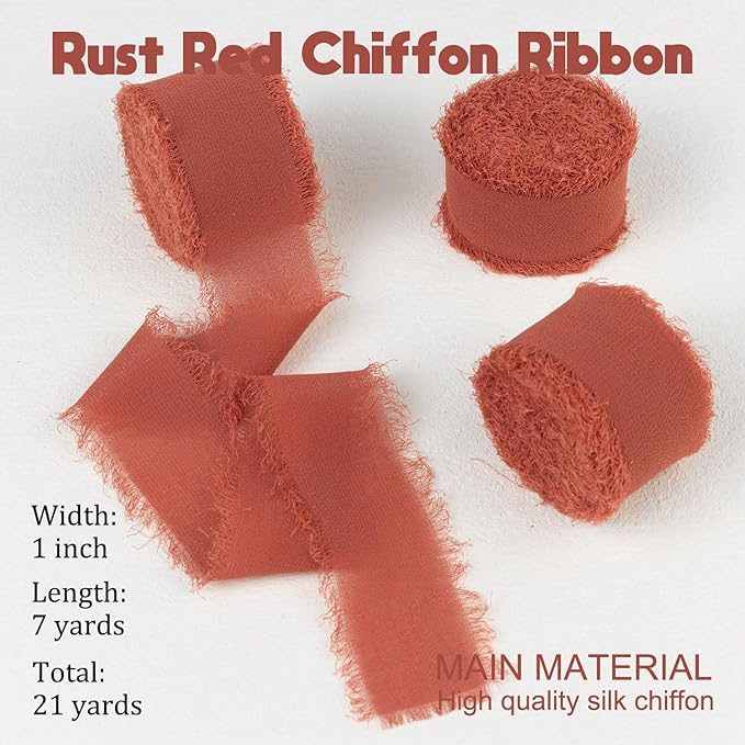 Rust Chiffon Ribbon - 1 Inch x 21 Yards, Handmade Fringe, Silk, Boho Frayed Ribbon for Gift Wrapping, Wedding Invitation, Bridal Flower Bouquets