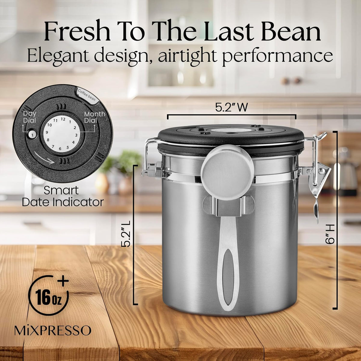 Mixpresso 16 Oz Coffee Canister with Scoop, Stainless Steel Airtight Coffee Container, Air tight Jar Tea Storage with Date Tracker
